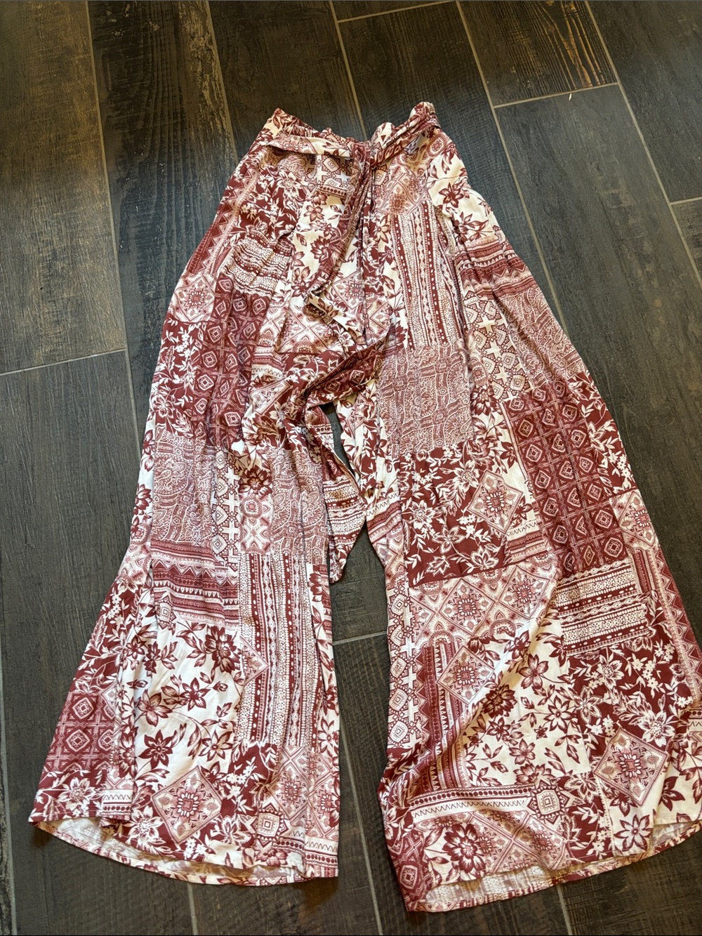 Boho Wide-Leg Patchwork Pants in Rust and White